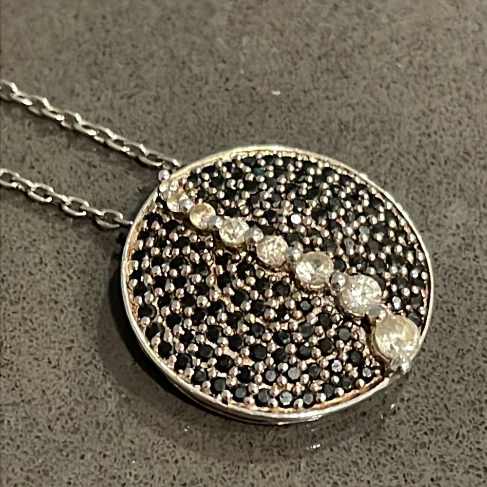 Black and Clear Cubic Zirconia 925 Silver Disk Pendant Necklace